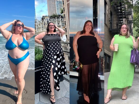Collage of Sarah Chiwaya in four different looks, left to right: Curvy Beach bikini, Ashley Graham Collection polka dot dress, ASTR the Label black dress with sheer skirt panel, and Baacal pleated dress