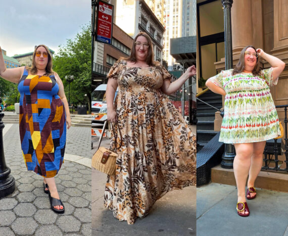 Collage of Sarah Chiwaya in three plus size summer dresses: From left to right: Universal Standard linen dress, Avenue smocked maxi dress, and Rachel Antonoff mini babydoll dress