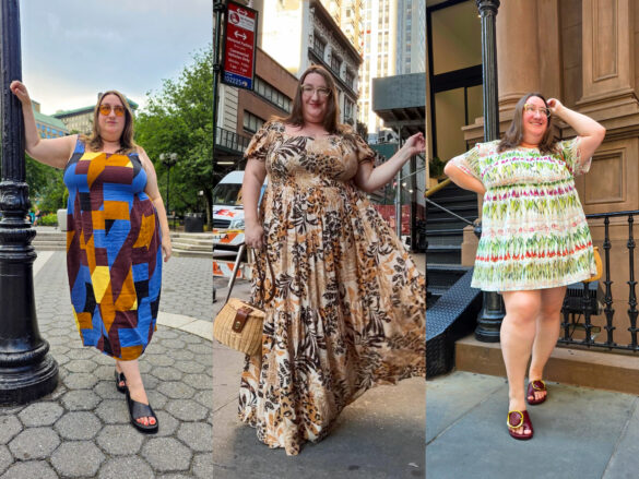 Collage of Sarah Chiwaya in three plus size summer dresses: From left to right: Universal Standard linen dress, Avenue smocked maxi dress, and Rachel Antonoff mini babydoll dress