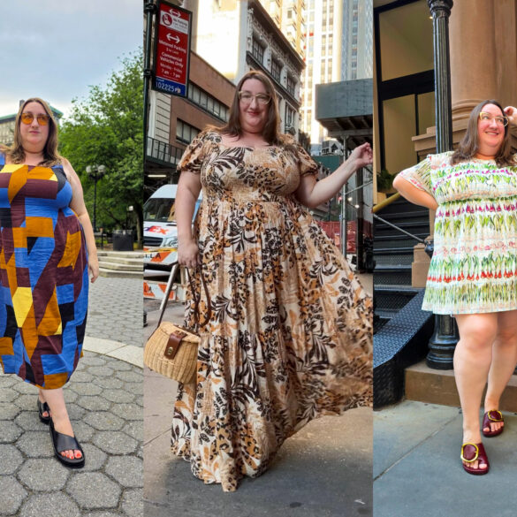 Collage of Sarah Chiwaya in three plus size summer dresses: From left to right: Universal Standard linen dress, Avenue smocked maxi dress, and Rachel Antonoff mini babydoll dress